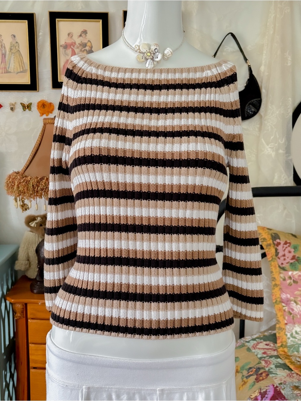 Vintage minimalist girly boat neck ribbed heavy cotton striped 3/4 sleeve top